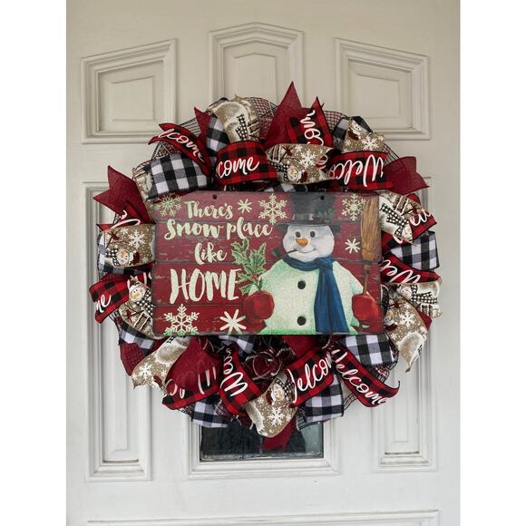 Buffalo Plaid Check Let it Snow Snowman Mesh Ribbon Christmas Wreath & Garland - Picture 2 of 10